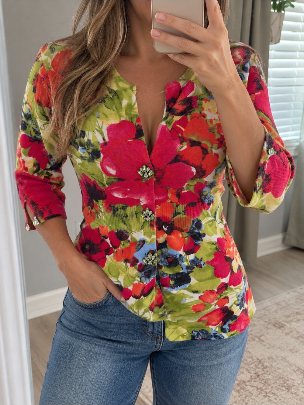 Elliott Lauren Floral Jeweled Button Cardigan Top Medium Colorful